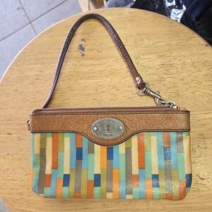 vintage Fossil Key-Per wristlet wallet a multicolored geometric pattern